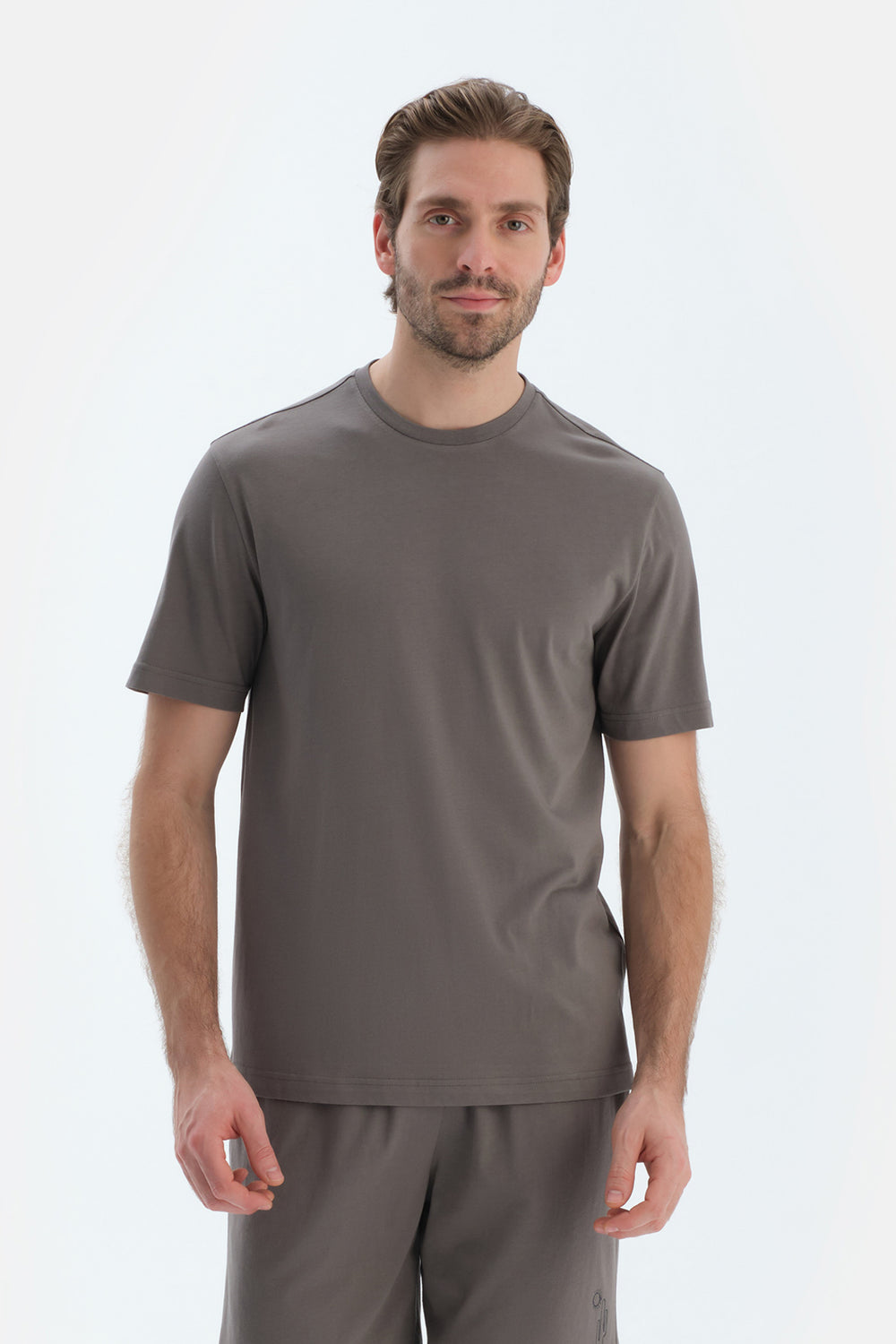 Gri Kısa Kollu Bisiklet Yaka Penye Modal Tişört