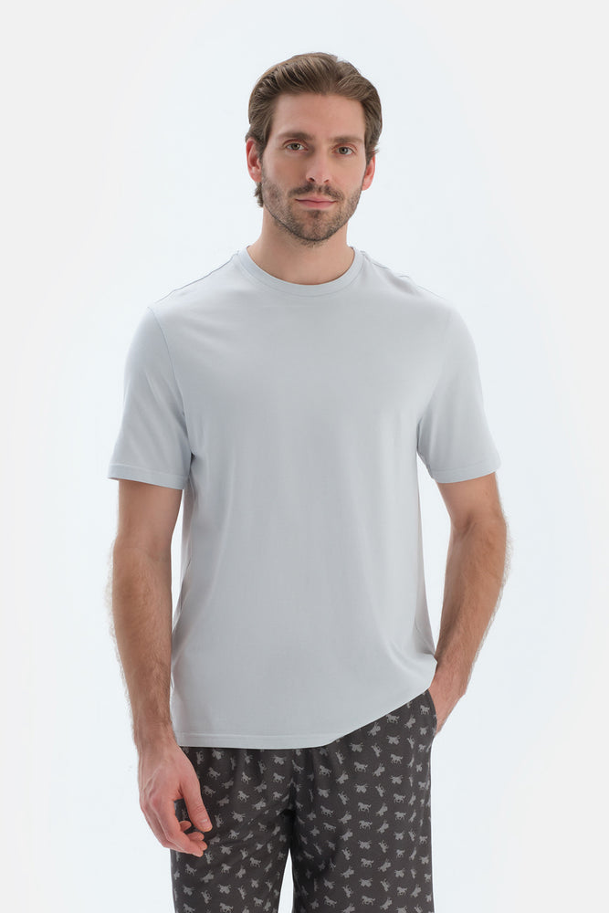 Açık Gri Kısa Kollu Bisiklet Yaka Basıc Tişört