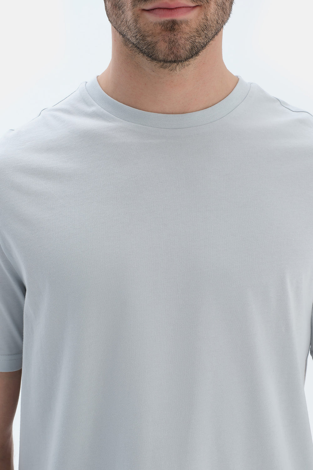 Açık Gri Kısa Kollu Bisiklet Yaka Basıc Tişört