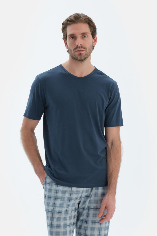 Lacivert Kısa Kollu Bisiklet Yaka Basıc Tişört