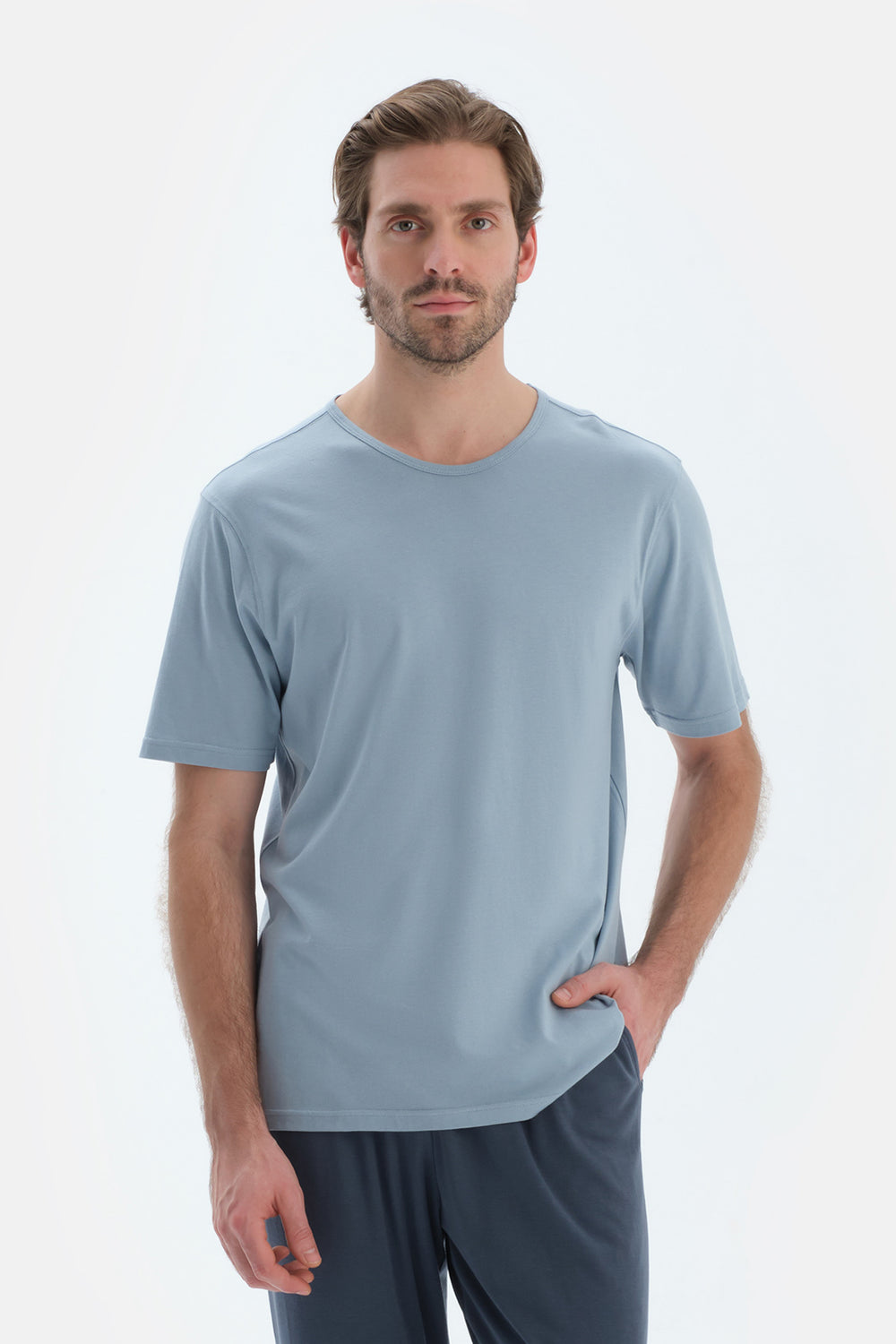 Mavi Kısa Kollu Bisiklet Yaka Basıc Tişört