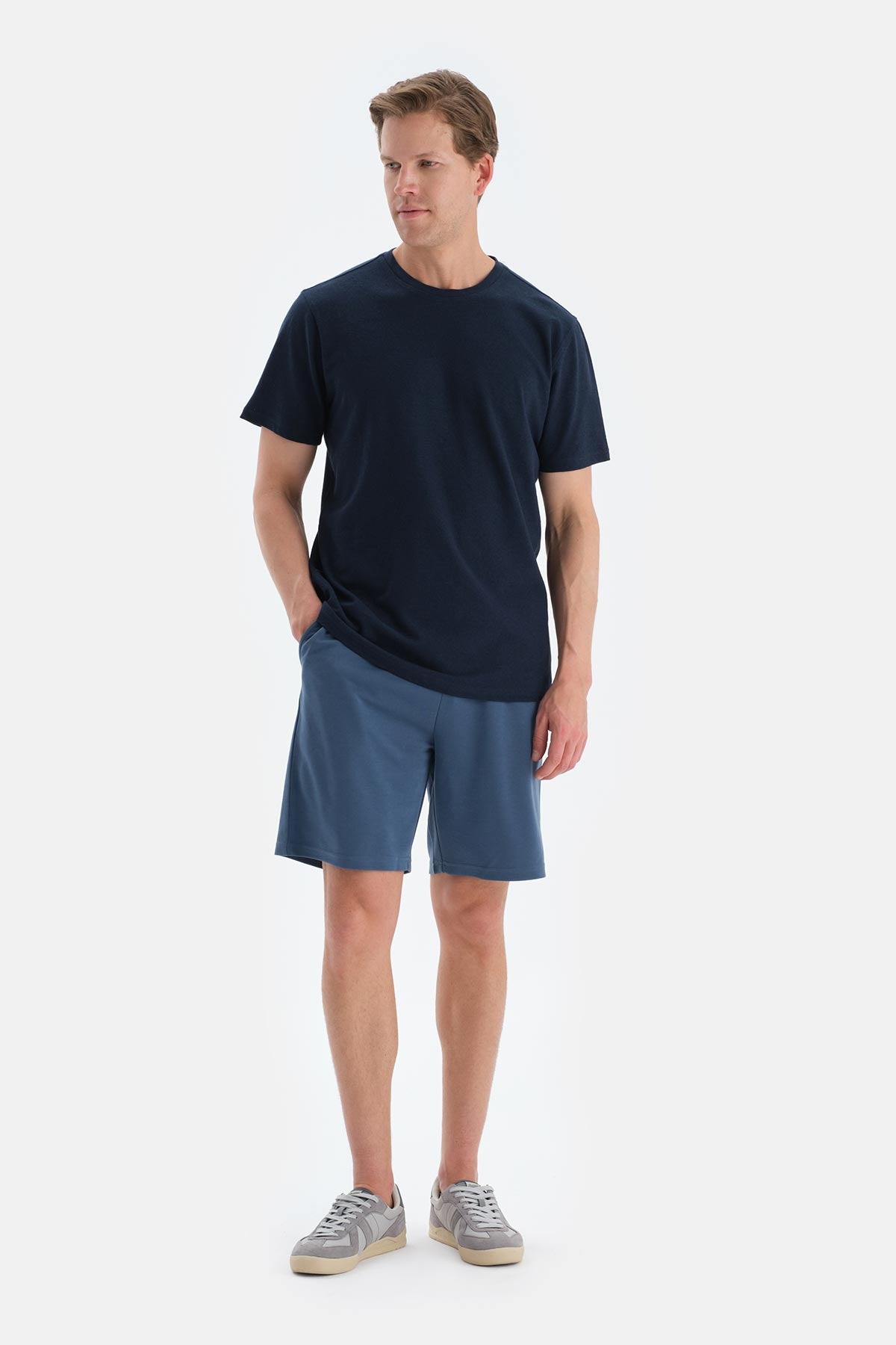 Lacivert Bisiklet Yaka Örme Keten Karışımlı Tişört