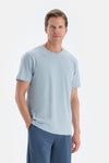Açık Mavi Bisiklet Yaka Örme Keten Karışımlı Tişört