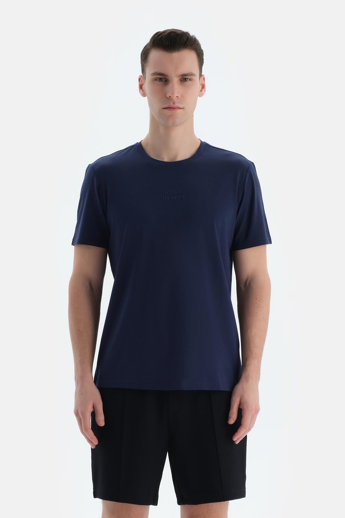Lacivert Erkek Slogan Baskılı Modal Tişört