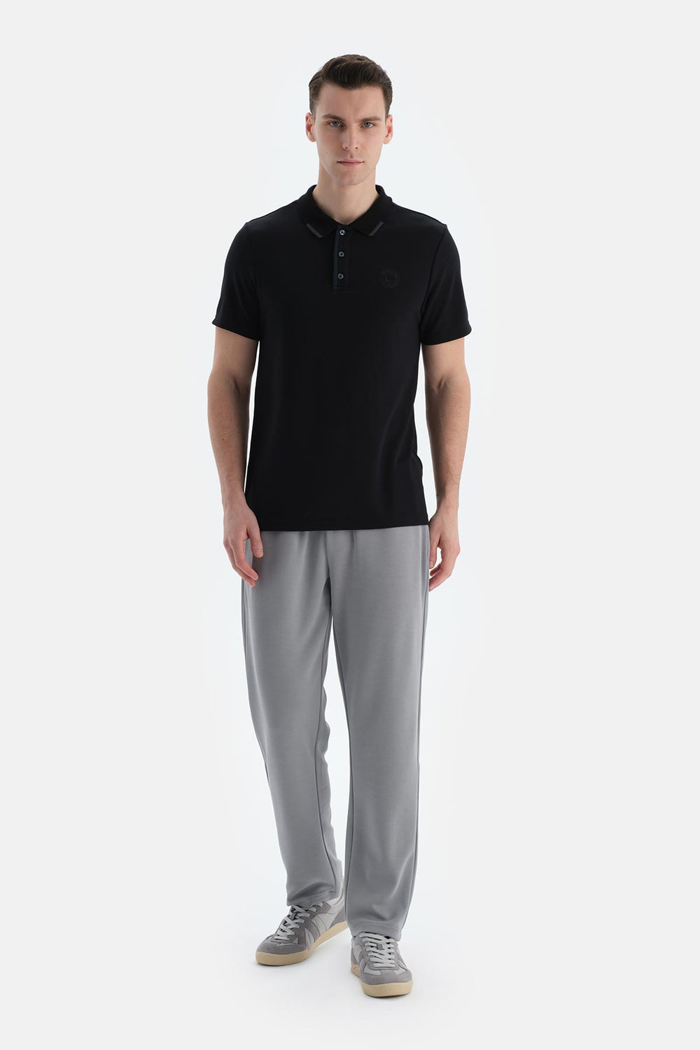 Siyah Erkek Modal Karışımlı Düğmeli Tişört