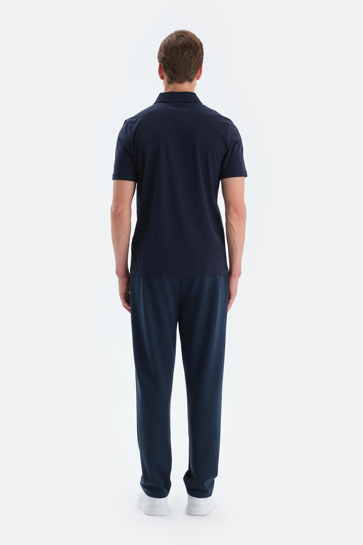 Lacivert Polo Yaka Ipek Apre Kısa Kollu Tişört