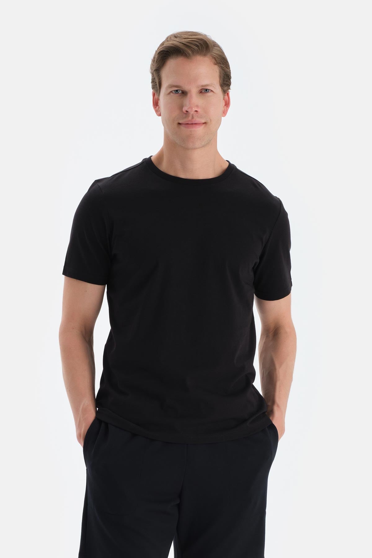 Siyah Bisiklet Yaka Ipek Apre Kısa Kollu Tişört