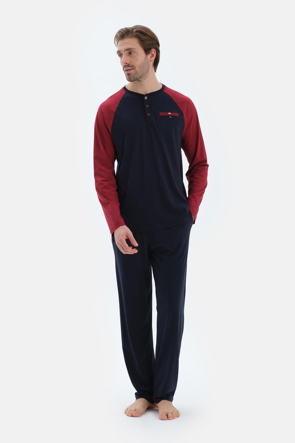 Lacivert Reglan Kol Garnili Pamuk Modal Pijama Takımı