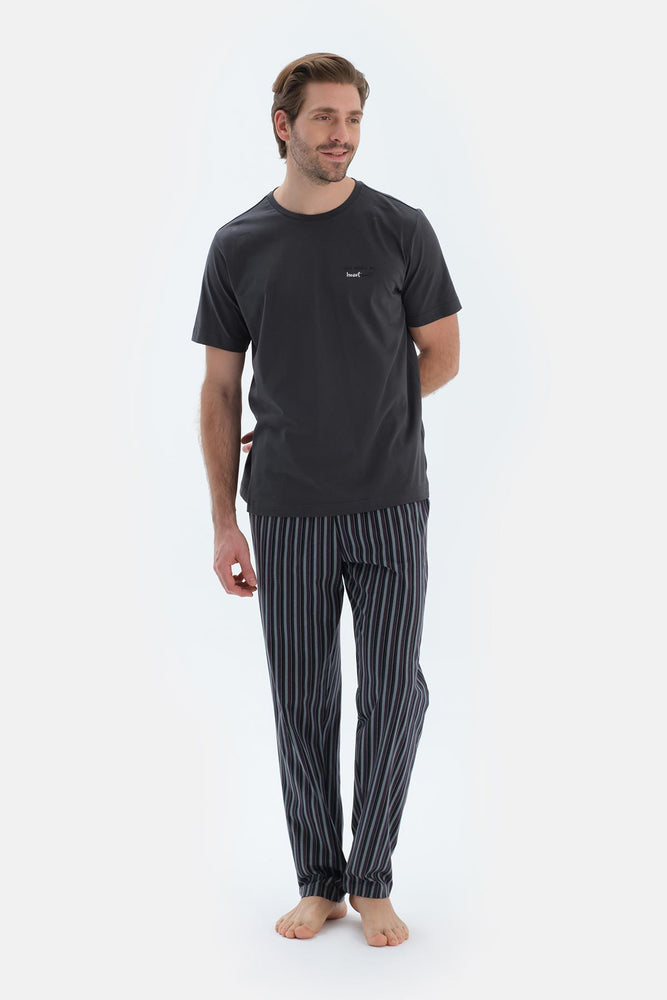 Füme Kısa Kollu Bisiklet Yaka Altı Çizgi Metraj Baskılı Pijama Takımı