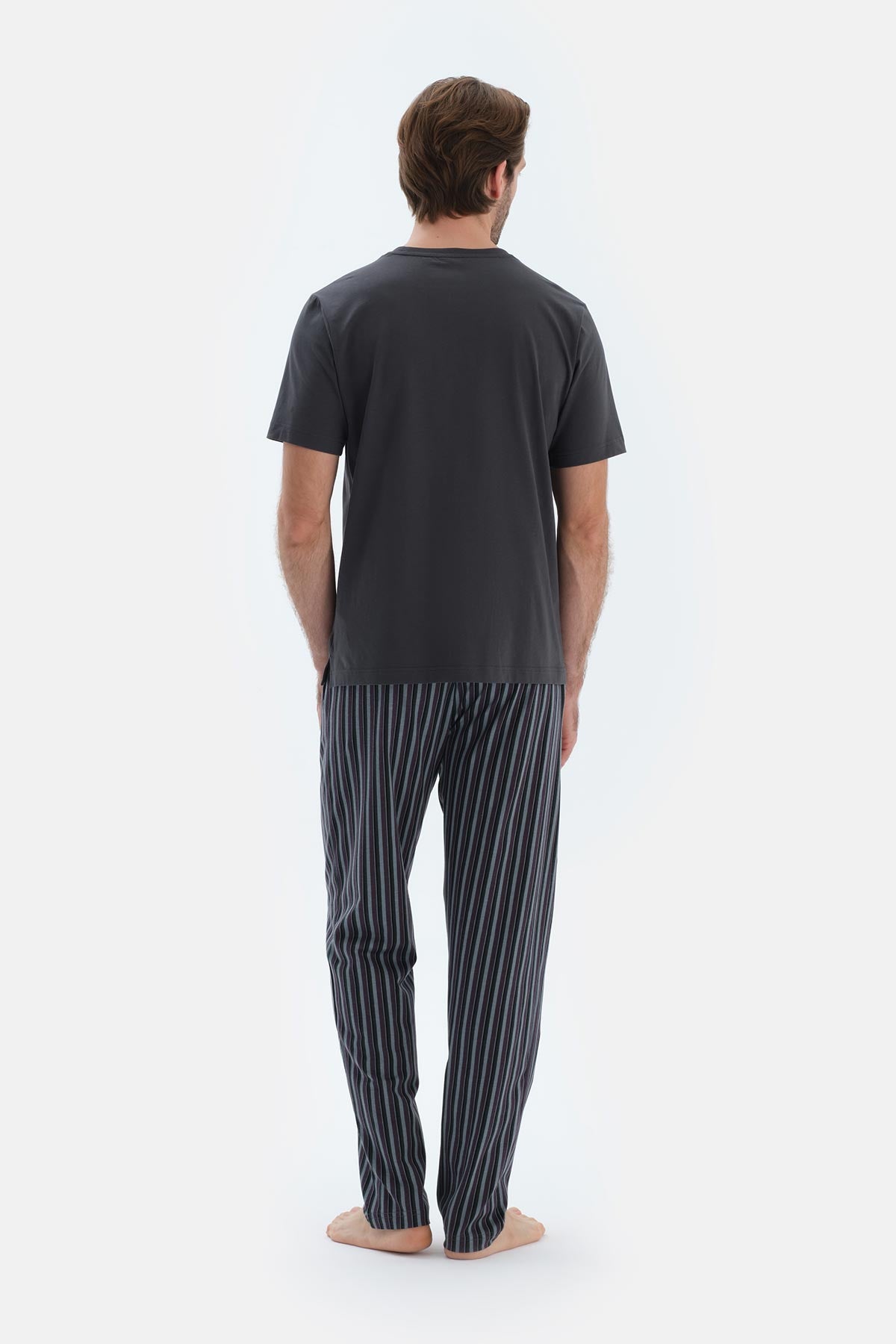 Füme Kısa Kollu Bisiklet Yaka Altı Çizgi Metraj Baskılı Pijama Takımı