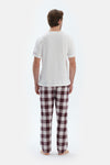 Ekru Nakış Detaylı Altı Dokuma Ekoseli Tişört Pantolon Pijama Takımı