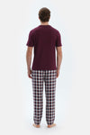 Bordo Kısa Kollu Tişört Ekoseli Pantolon Pijama Takımı