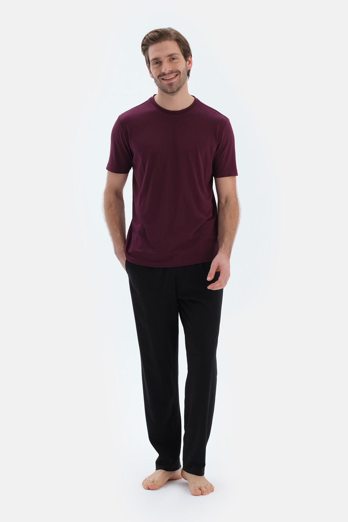 Bordo Bisiklet Yaka Kısa Kollu Tişört Pantolon Pijama Takımı