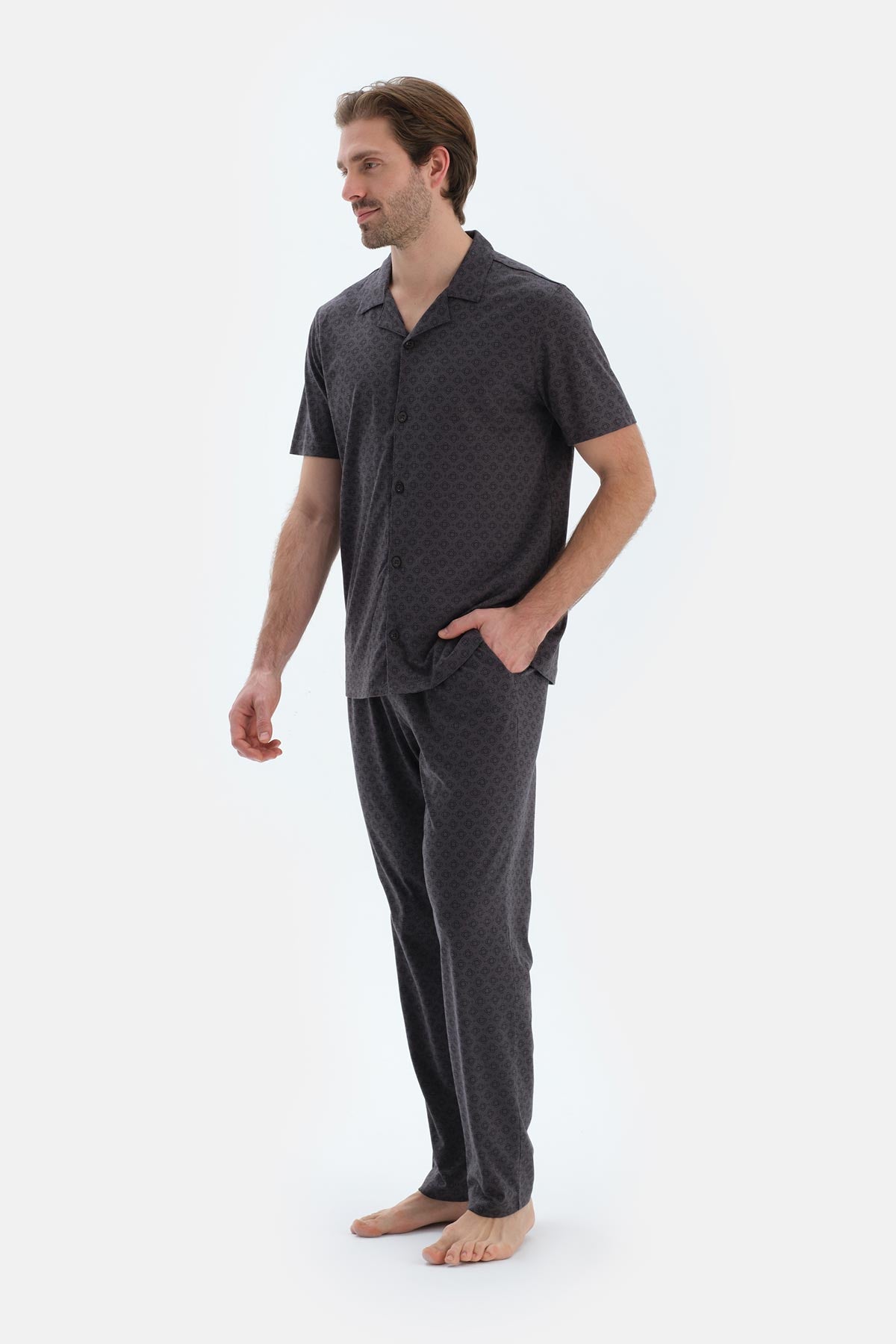 Antrasıt Mıkroprınt Baskılı Penye Modal Gömlek Pantolon Pijama Takımı