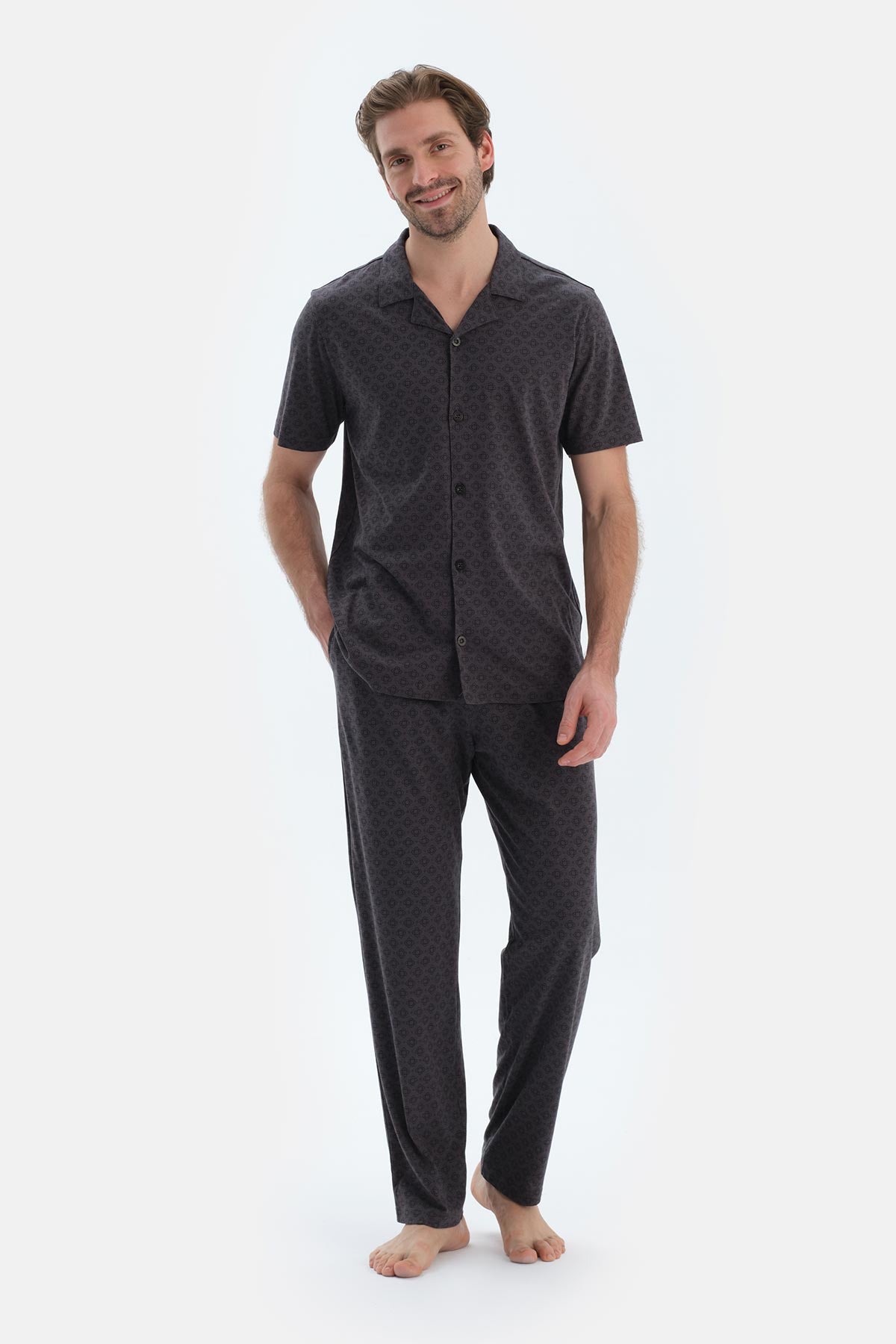 Antrasıt Mıkroprınt Baskılı Penye Modal Gömlek Pantolon Pijama Takımı