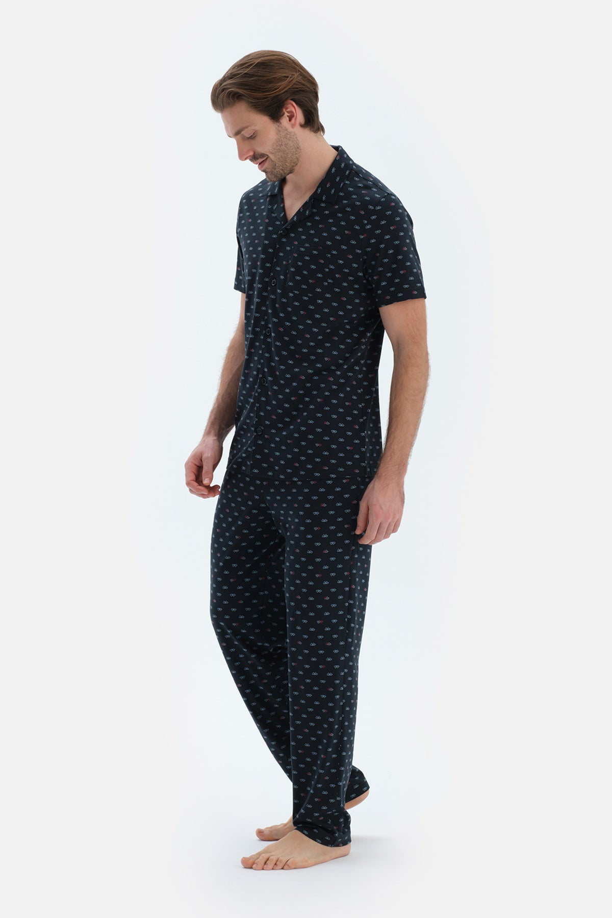 Lacivert Mıkroprınt Baskılı Penye Modal Gömlek Pantolon Pijama Takımı