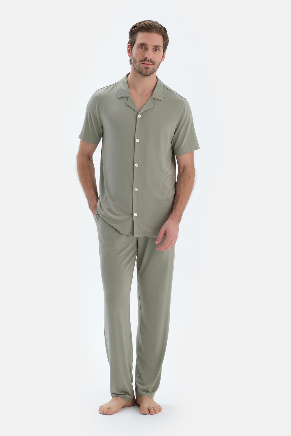 Bej Kısa Kollu Basıc Gömlek Pantolon Pijama Takımı