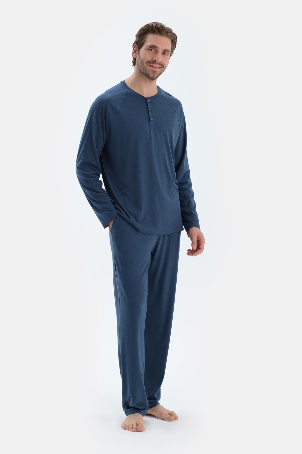 Lacivert Reglan Uzun Kollu Basıc Tişört Pantolon Pijama Takımı