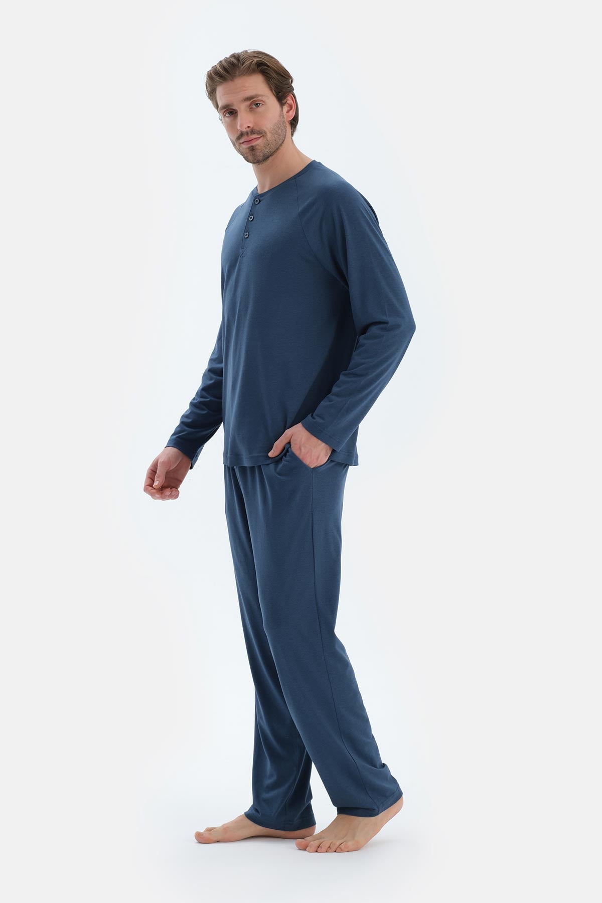 Lacivert Reglan Uzun Kollu Basıc Tişört Pantolon Pijama Takımı