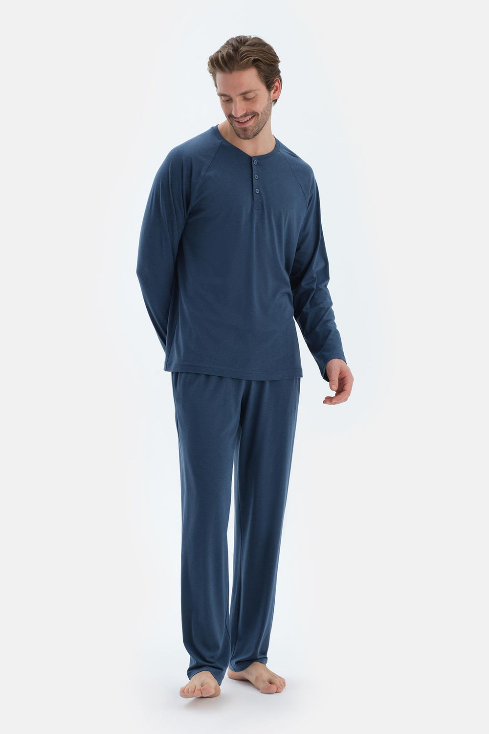 Lacivert Reglan Uzun Kollu Basıc Tişört Pantolon Pijama Takımı