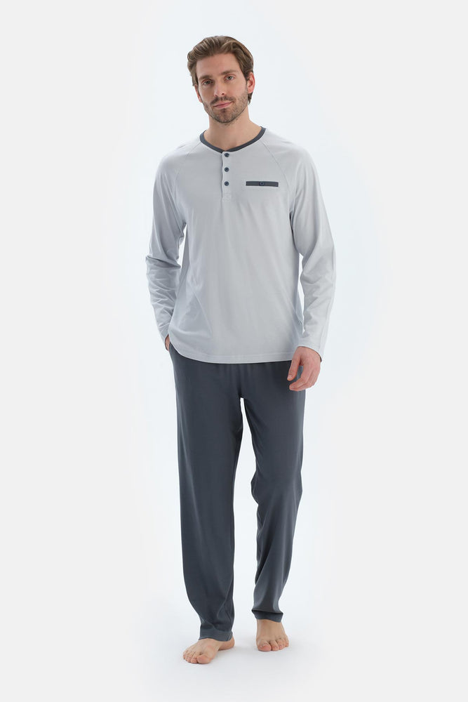 Gri Reglan Uzun Kollu Patlı Basıc Tişört Pantolon Pijama Takımı