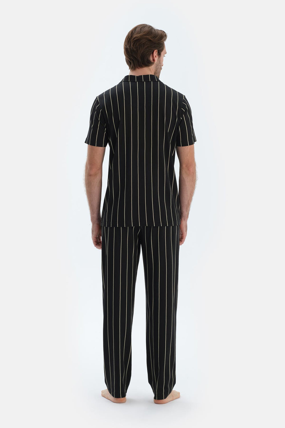 Siyah Çizgi Baskılı Kısa Kollu Gömlek Pantolon Pijama Takımı