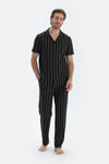 Siyah Çizgi Baskılı Kısa Kollu Gömlek Pantolon Pijama Takımı