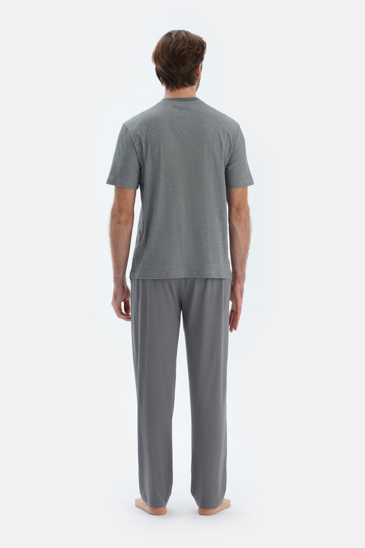 Gri Kısa Kollu Yarım Patlı Tişört Pantolon Pijama Takımı