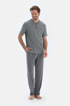 Gri Kısa Kollu Yarım Patlı Tişört Pantolon Pijama Takımı