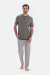 Gri Kısa Kollu Yarım Patlı Tişört Pantolon Pijama Takımı