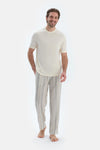 Ekru Kısa Kollu Triko Bant Detaylı Tişört Pantolon Pijama Takımı