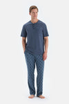 Indigo Pat Ve Fleto Cep Detaylı Tişört Pantolon Pijama Takımı