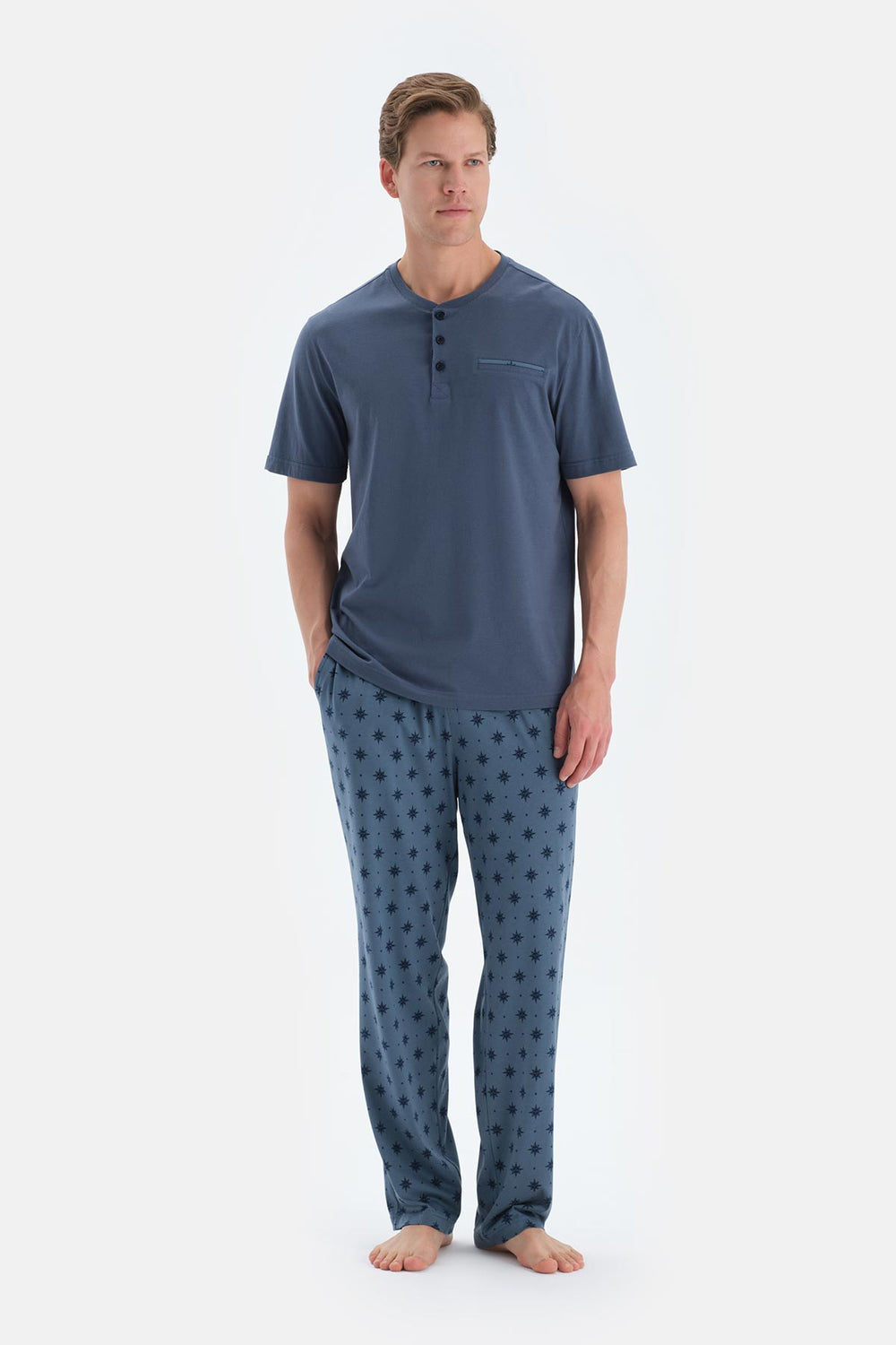 Indigo Pat Ve Fleto Cep Detaylı Tişört Pantolon Pijama Takımı