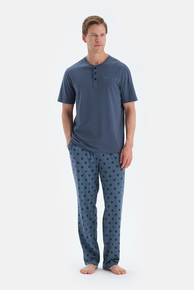 Indigo Pat Ve Fleto Cep Detaylı Tişört Pantolon Pijama Takımı