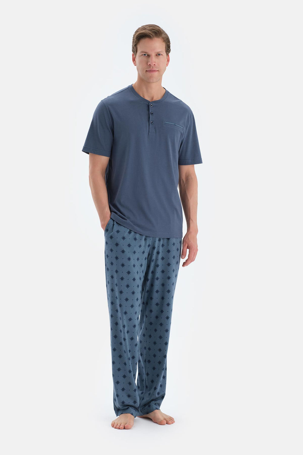 Indigo Pat Ve Fleto Cep Detaylı Tişört Pantolon Pijama Takımı