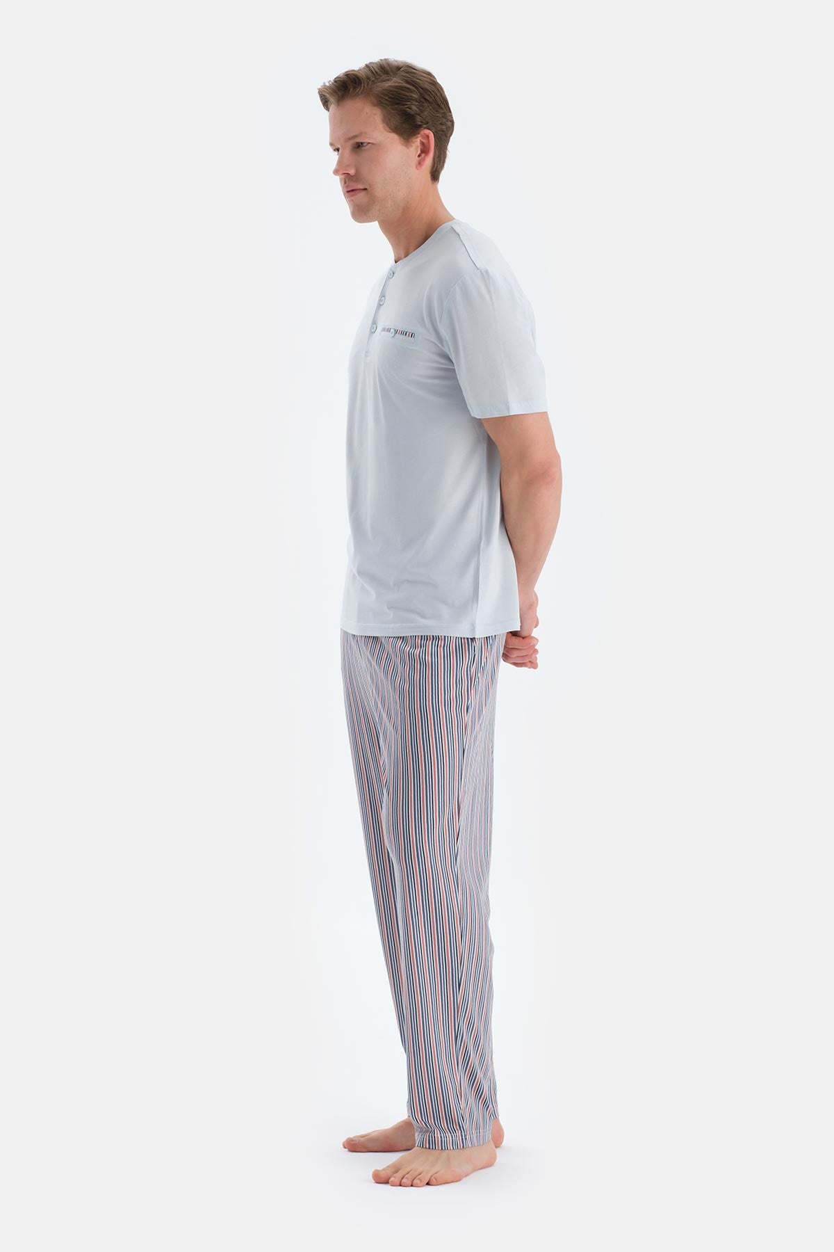 Açık Gri Pat Ve Fleto Cep Detaylı Tişört Pantolon Pijama Takımı