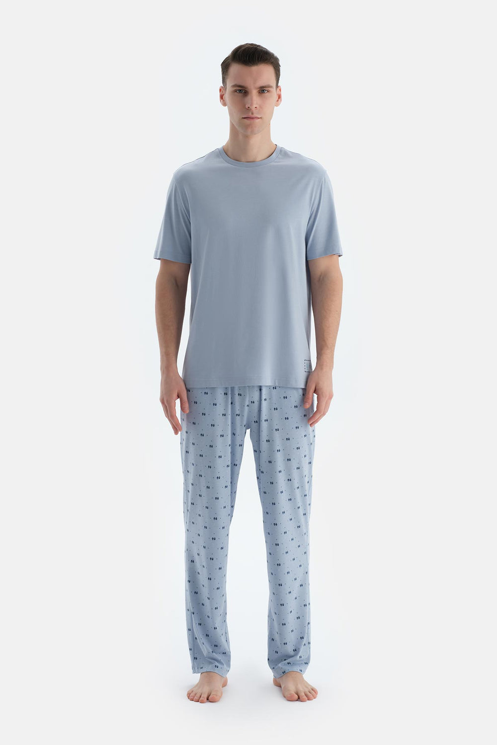 Açık Mavi Etek Ucu Baskılı Kısa Kollu Tişört Pantolon Pijama Takımı