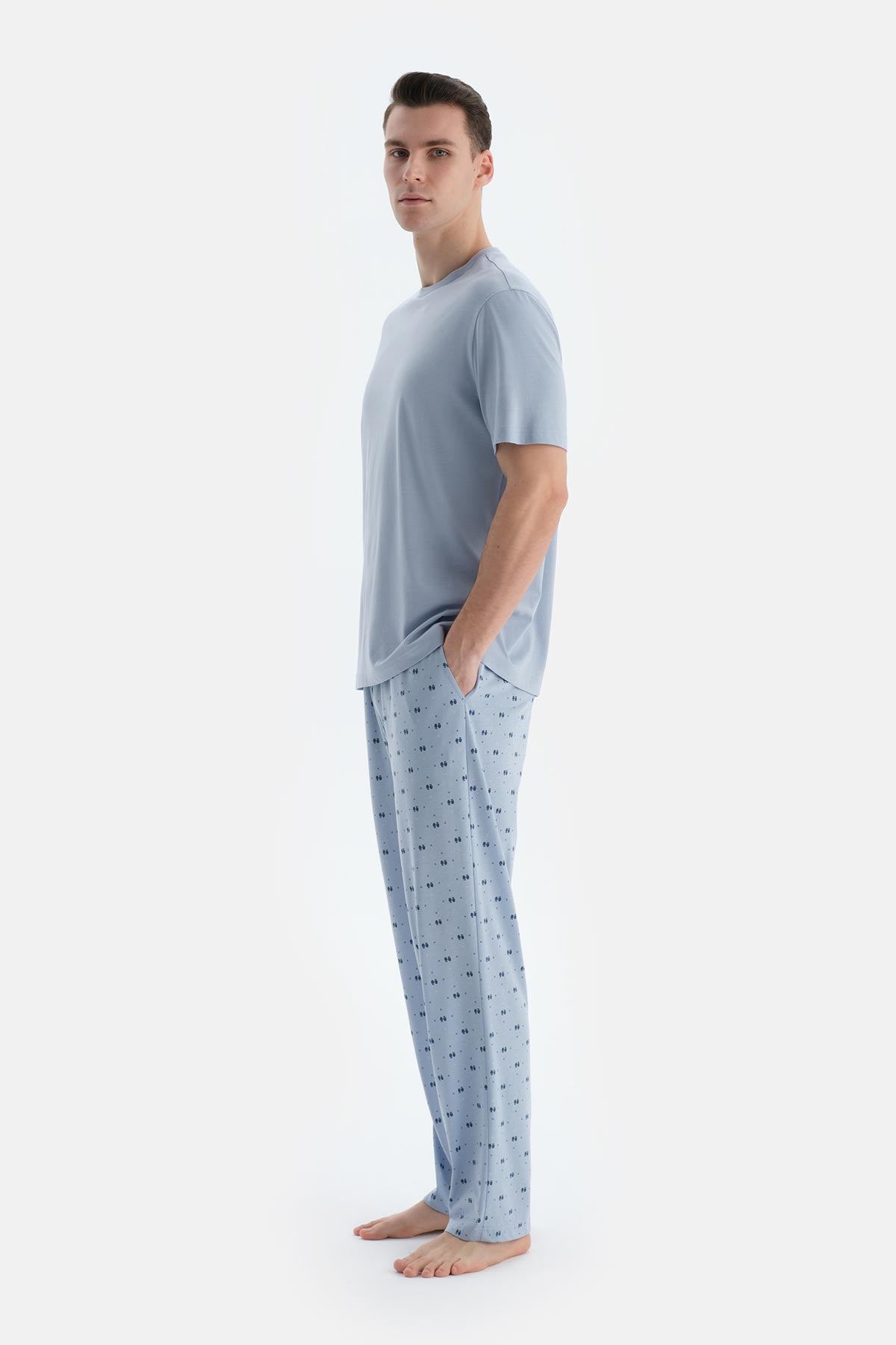 Açık Mavi Etek Ucu Baskılı Kısa Kollu Tişört Pantolon Pijama Takımı
