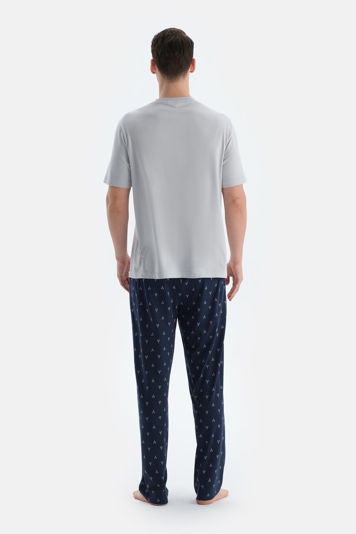 Gri Kısa Kollu Patlı Tişört Şort Pantolon Üçlü Pijama Takımı