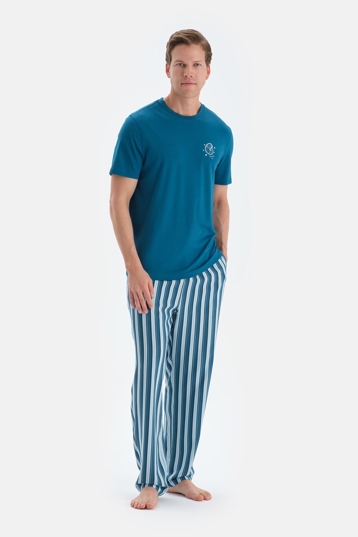 Açık Petrol Baskı Detaylı Kısa Kollu Tişört Pantolon Pijama Takımı