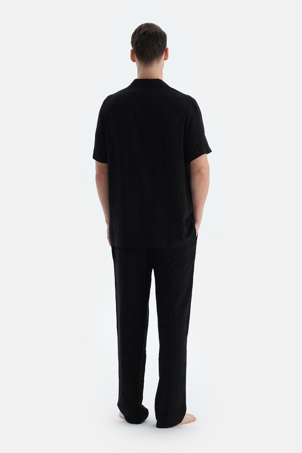 Siyah Çizgili Kısa Kollu Dokuma Groom Gömlek