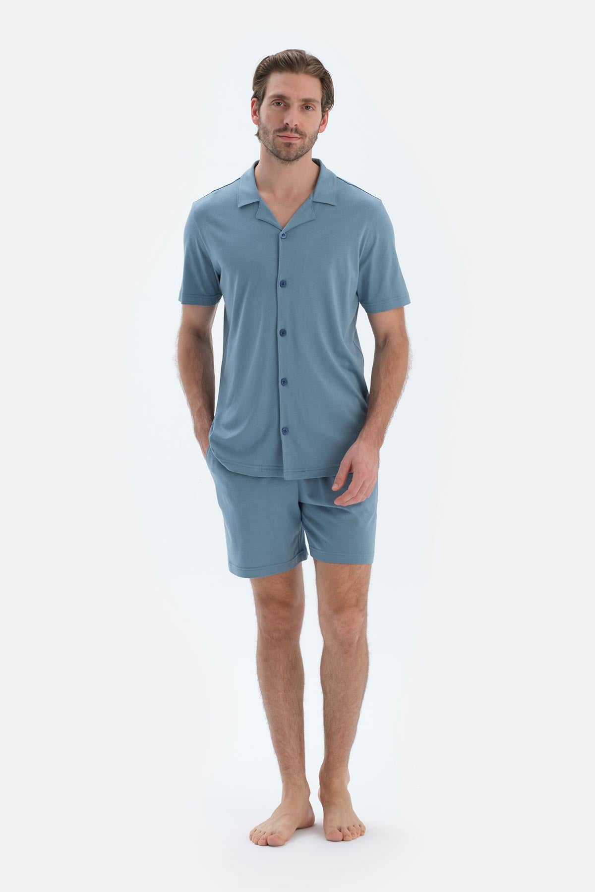 Mavi Kısa Kollu Cepli Basıc Gömlek Şort Pijama Takımı