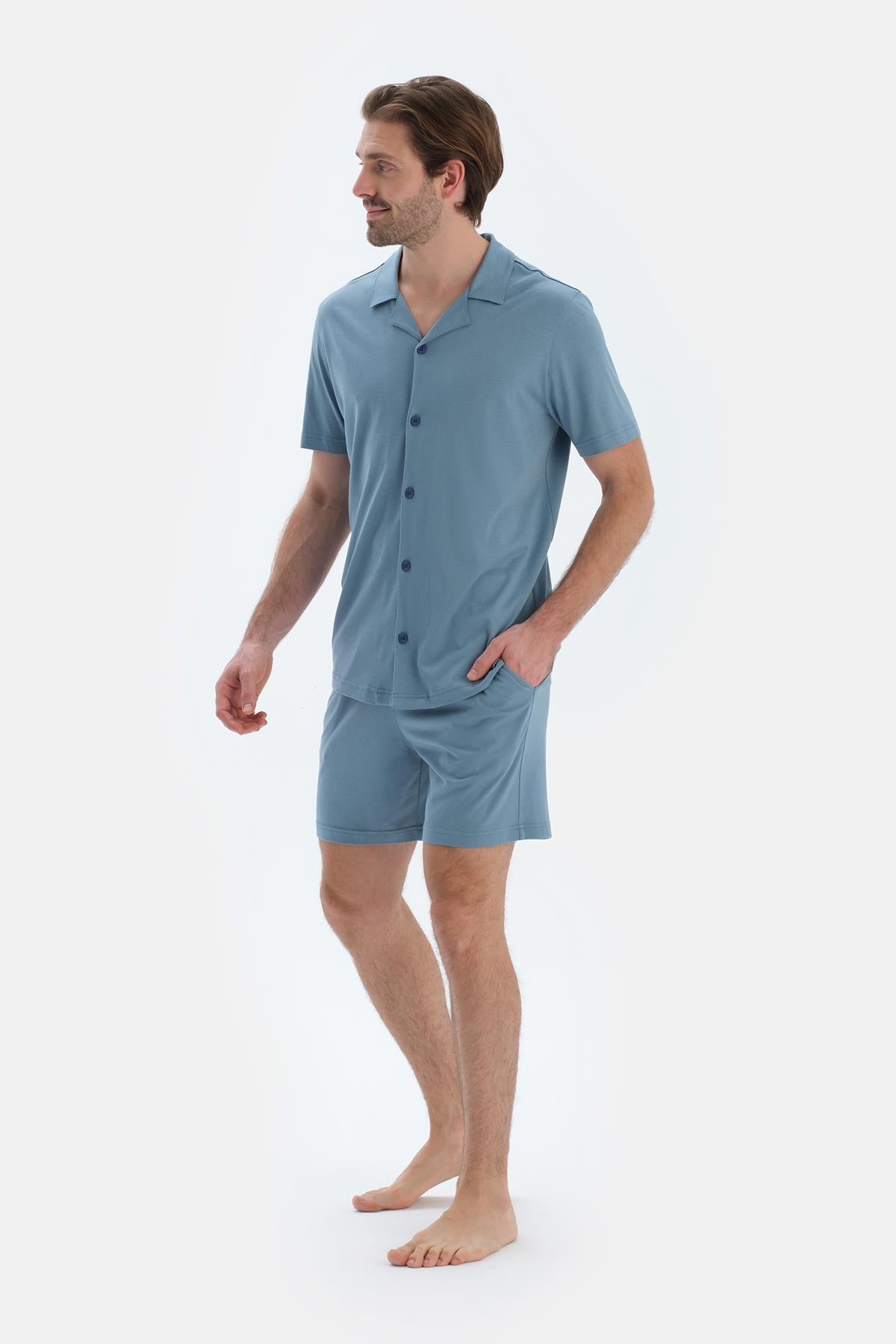 Mavi Kısa Kollu Cepli Basıc Gömlek Şort Pijama Takımı