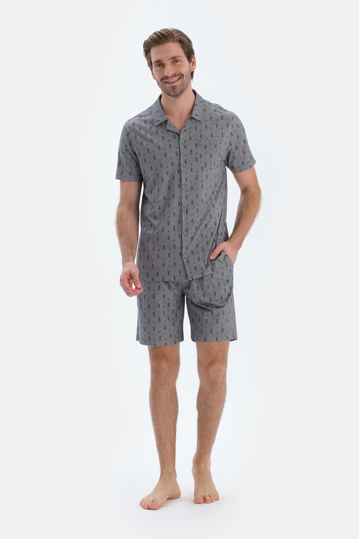 Gri Metraj Baskılı Gömlek Şort Pijama Takımı