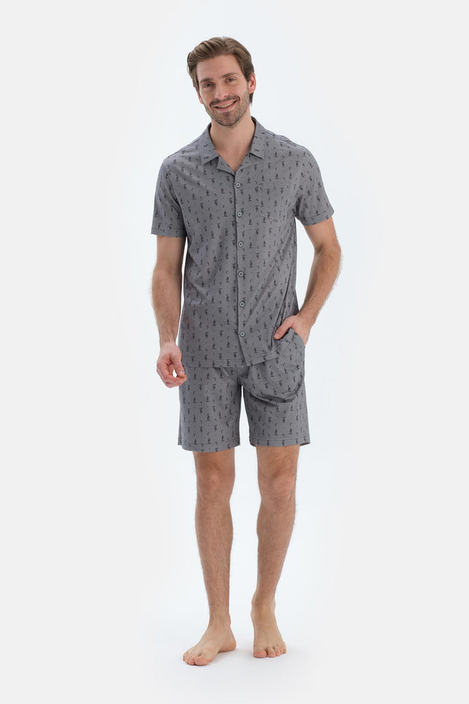 Gri Metraj Baskılı Gömlek Şort Pijama Takımı