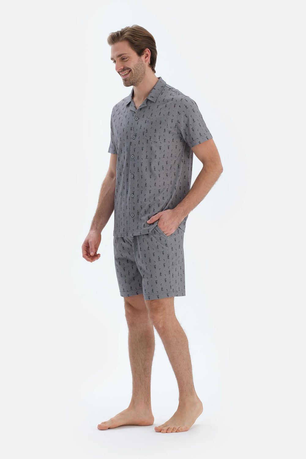 Gri Metraj Baskılı Gömlek Şort Pijama Takımı