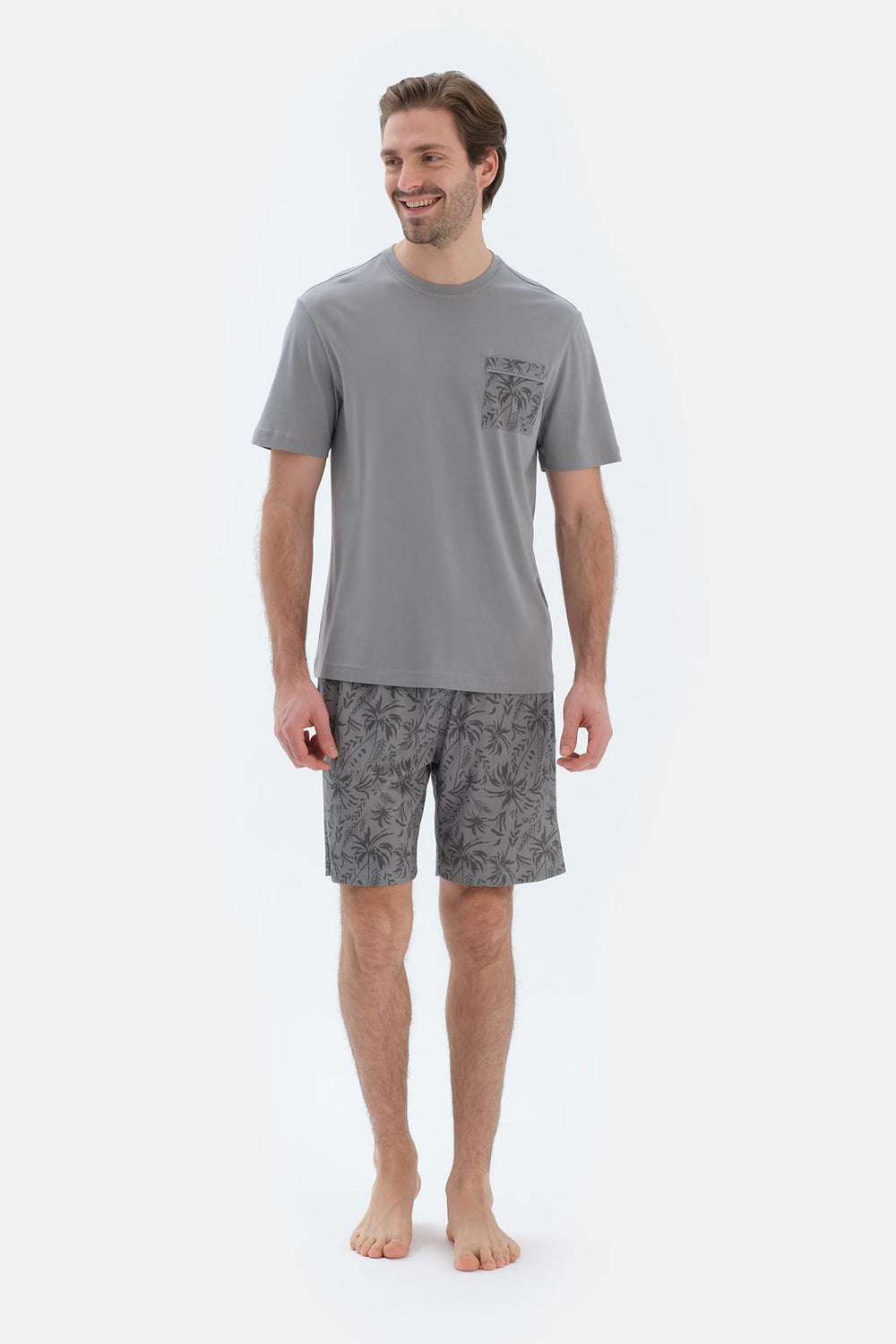 Gri Kısa Kollu Cep Detaylı Tişört Şort Pijama Takımı