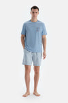 Mavi Melanj Baskı Detaylı Kısa Kollu Tişört Şort Pijama Takımı