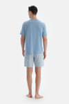 Mavi Melanj Baskı Detaylı Kısa Kollu Tişört Şort Pijama Takımı