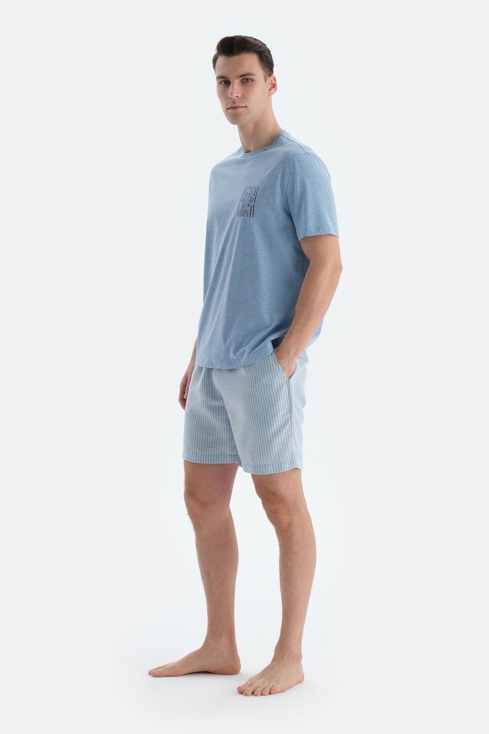 Mavi Melanj Baskı Detaylı Kısa Kollu Tişört Şort Pijama Takımı